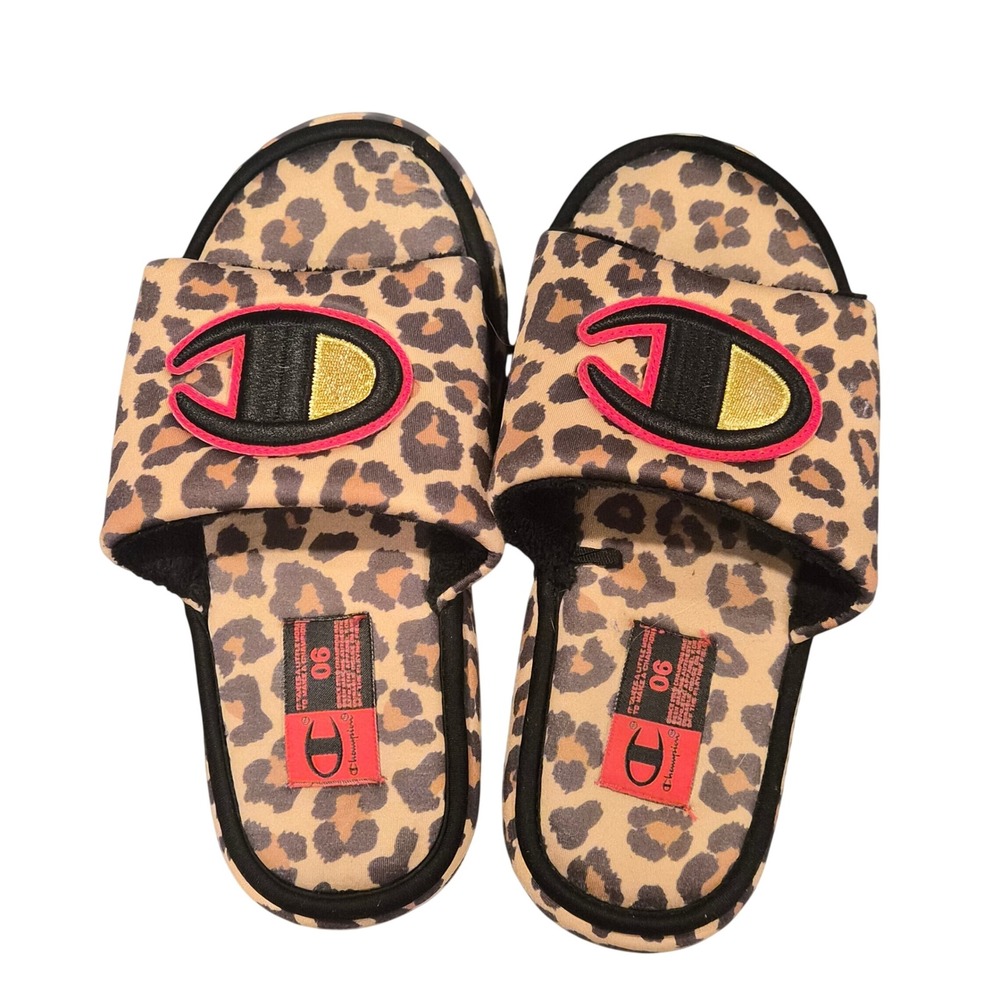 Champion Women Leopard Print Plush Slide Slippers Brown Black Pink CPS10466W 6W